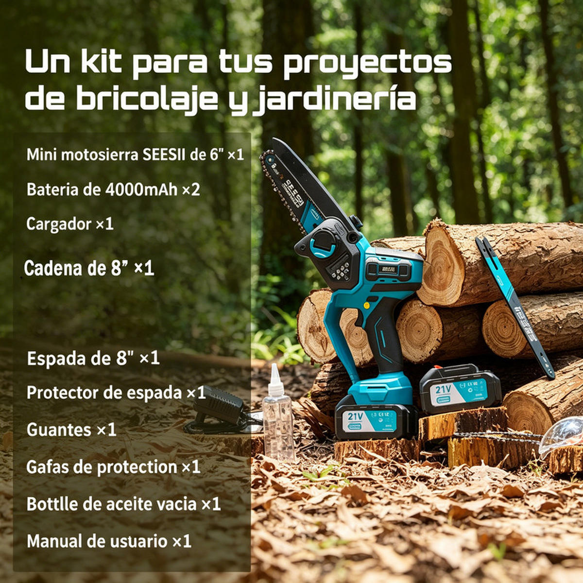 AKKU Kettensäge 6″ & 8″ – Bürstenlos, 1000 W, Holz & Garten, Makita 18 V kompatibel - Blau, Metall (15.5/5/5cm) - Coonoor