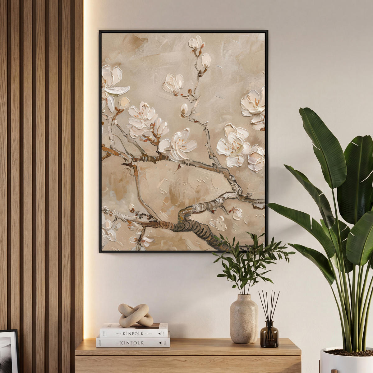 LEINWAND Bilder mit Rahmen - Blumen - Modern - Beige - Weiß - Blüte - 70x100 - Beige, Textil (70/100cm) - MuchoWow