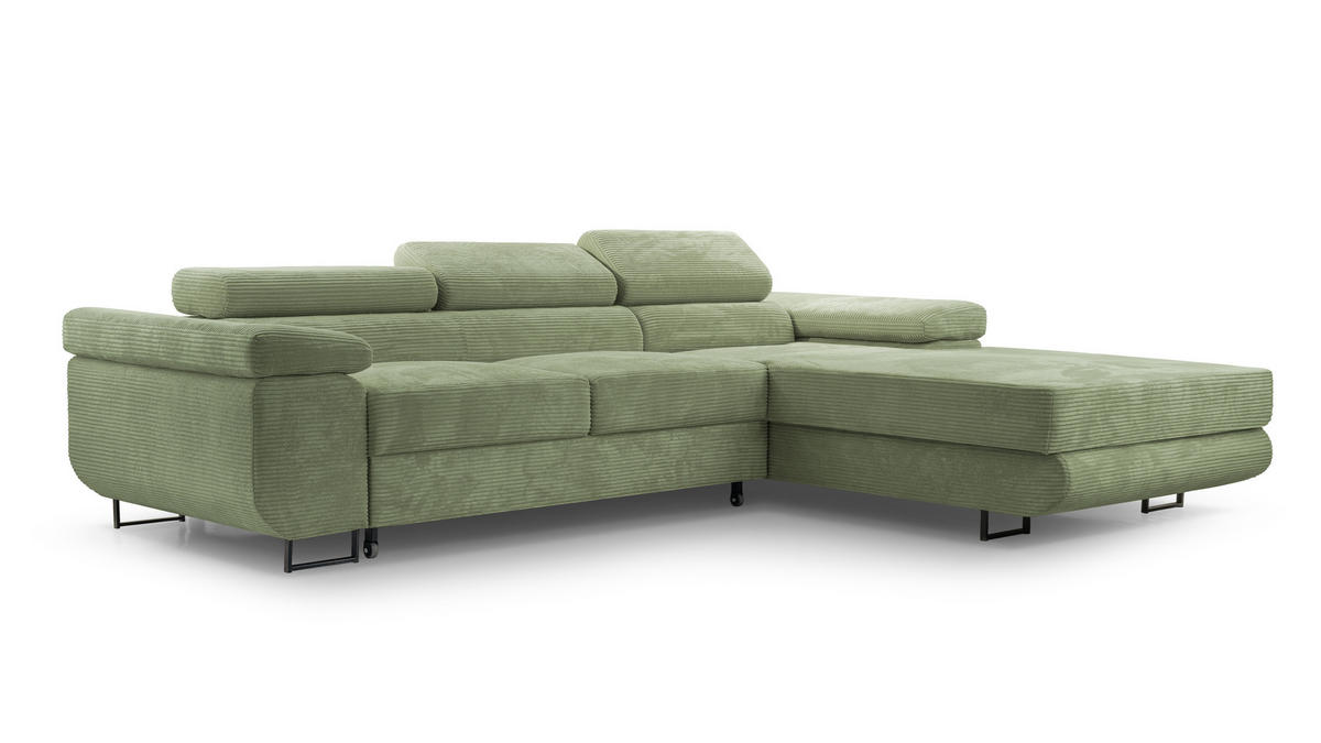 ECKSOFA L Form Arborio Salbeigrün 280/203/90 cm Rechts mit Schlaffunktion - Schwarz/Grün, Textil/Metall (280/203cm) - AX Living