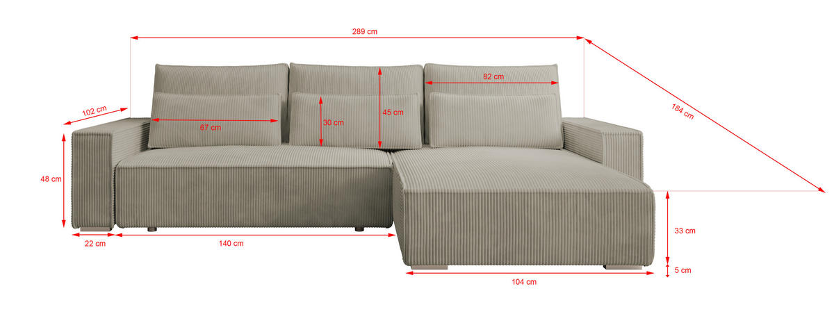 ECKSOFA Alice mit Bettkasten und Schlaffunktion, Cordstoff in L-Form - Beige, Textil (289/184cm)