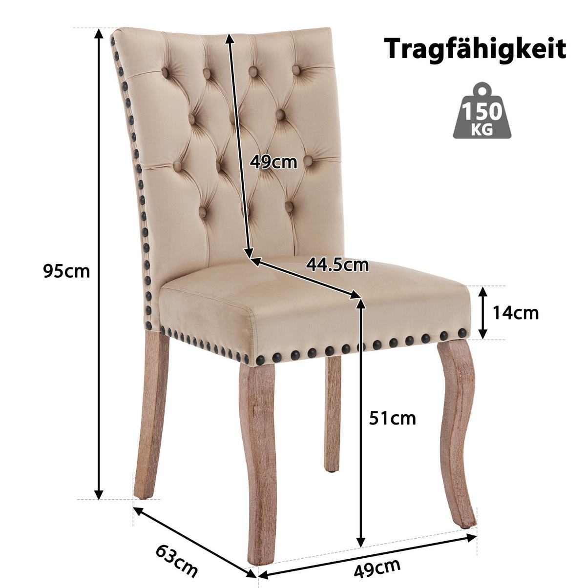 ESSZIMMERSTUHL Samt gepolstert Massivholzbeine Light Camel - Braun, Holz (63/95/49cm) - Meubliv