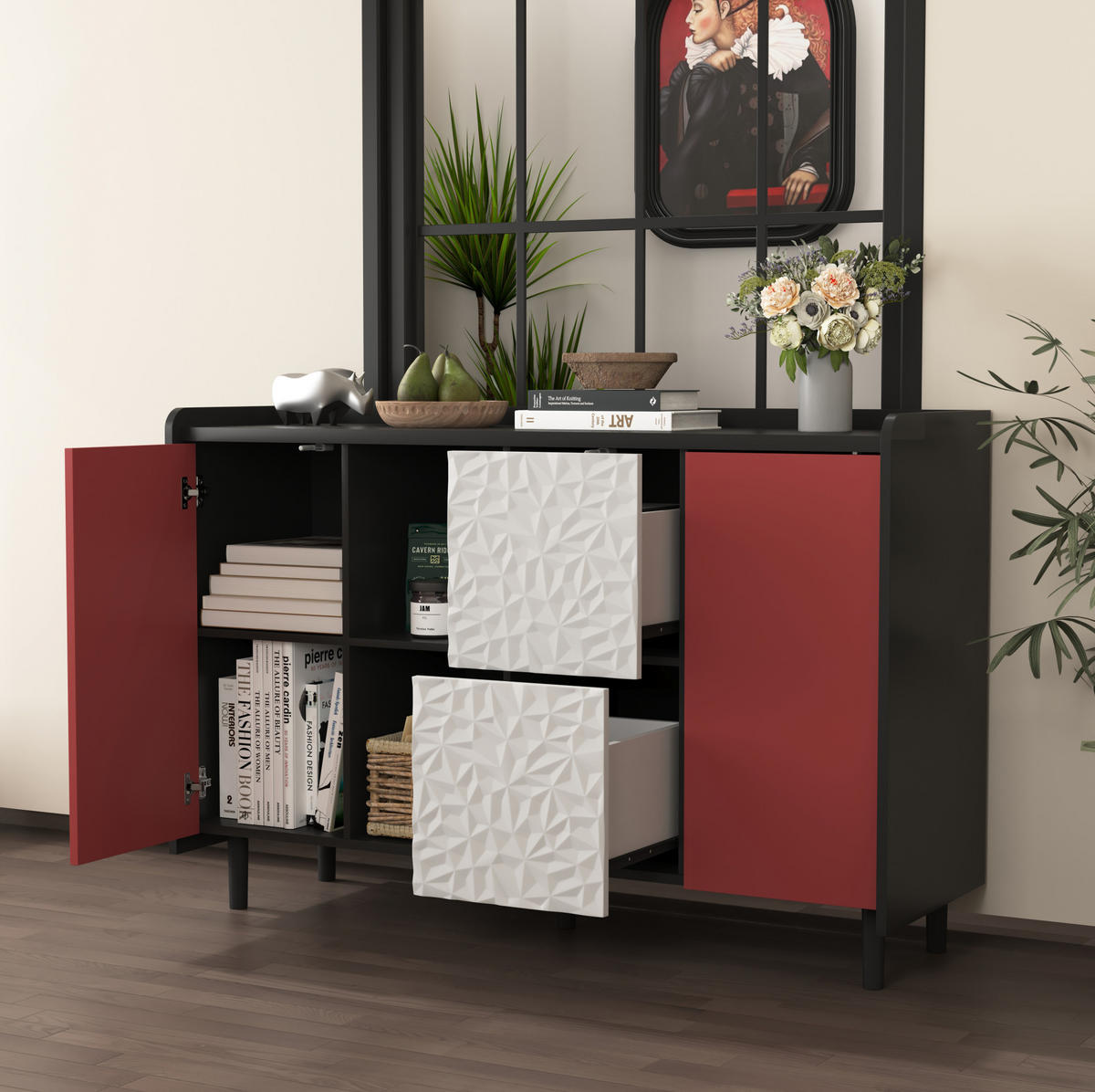 SIDEBOARD 120/40/80 cm, MDF Schwarz/Rot mit 2 Schubladen, offenem Fach und Tür, Schwarz/Rot - Rot, Holzwerkstoff (120/80/40cm) - Redom