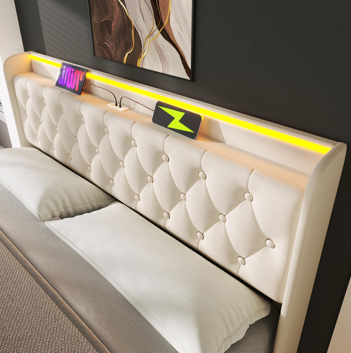 POLSTERBETT 160/200 cm weiß aus PU mit LED und Stauraum - Weiß, Kunststoff (160/200cm) - OKMYHOME