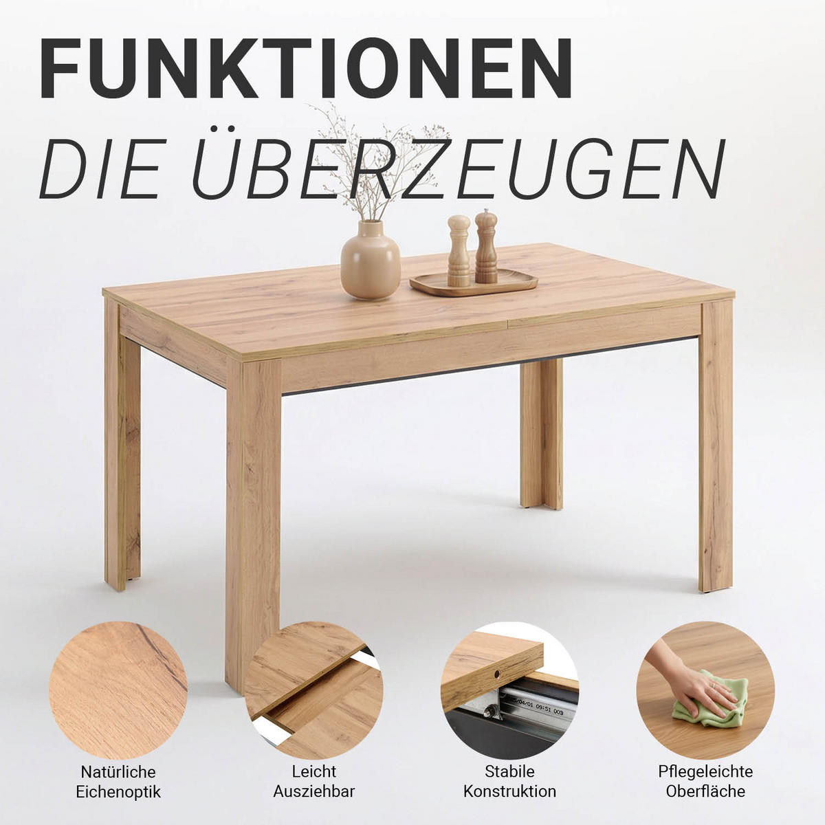 ESSTISCH in Naturholz 135x86 cm cm ausziehbar - Naturfarben, Holz (86/135/77cm) - Homestyle4u