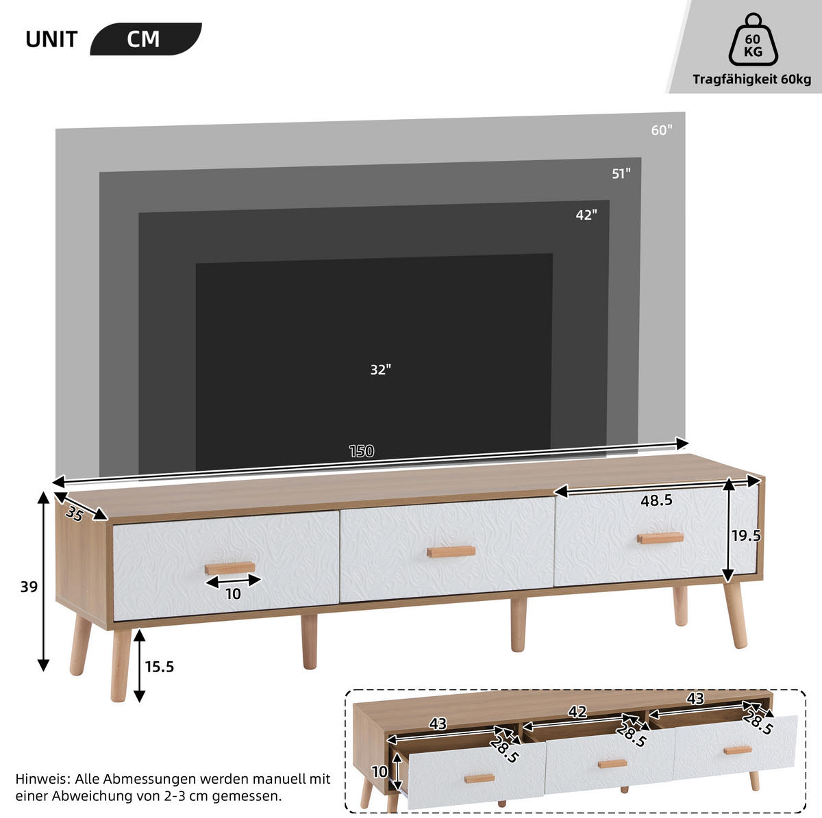 TV-SCHRANK in Holzoptik/Weiß mit 3 Schubladen 150/39/35 cm - Eichefarben, Naturmaterialien (150/35/39cm) - Redom