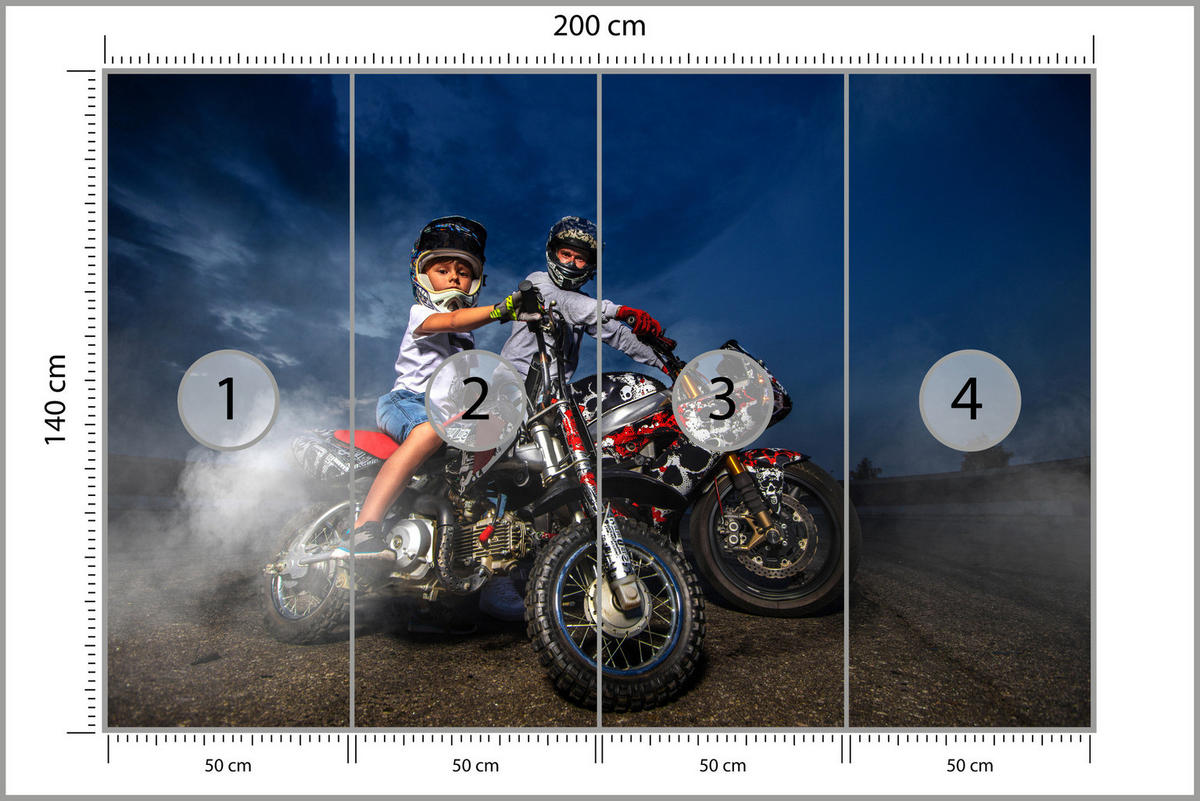FOTOTAPETE für Schlafzimmer Vater Sohn Motorräder Action 200x140 - Rot/Schwarz, Papier (200/140cm) - Muralo