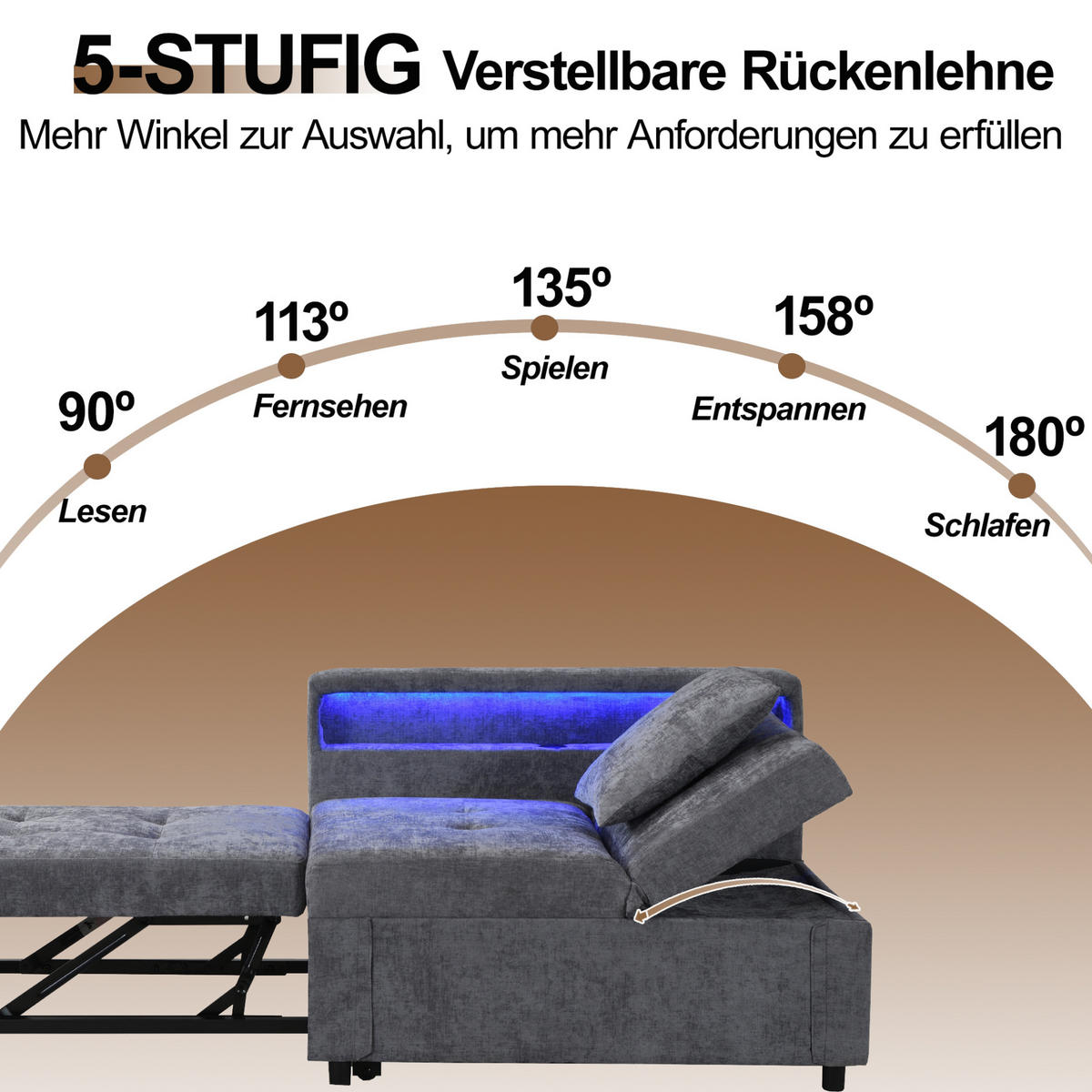 SCHLAFSOFA 3-in-1 Leinenstoff mit USB-Anschluss und LED Hellgrau 177/68/65 cm - Hellgrau, Textil (68/65/177cm) - Redom