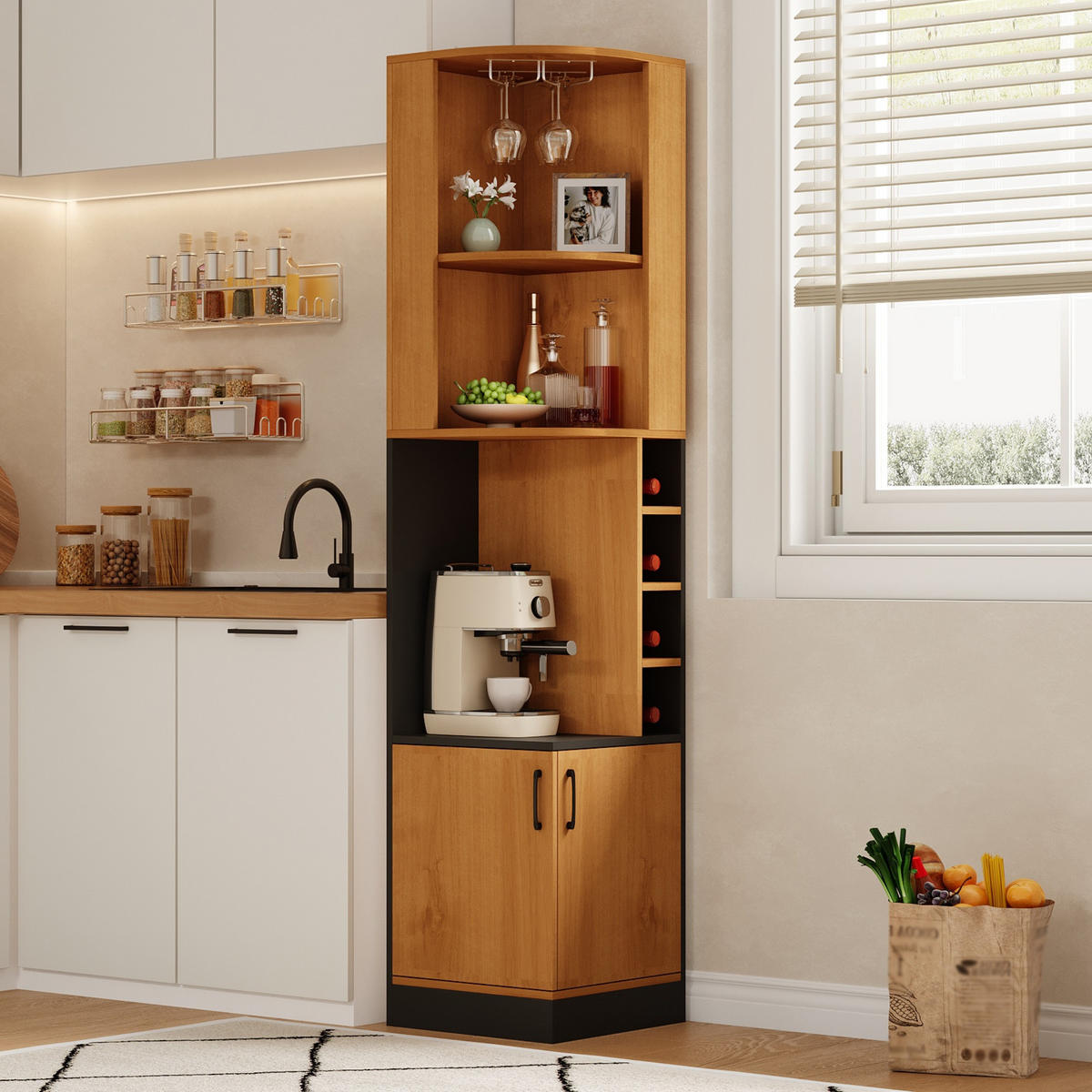 HIGHBOARD DE-38705 40/40/182 cm Weinglasregal und 4 Weinfächer Holz - Naturfarben, Holzwerkstoff (40/182/40cm) - ComfortXL