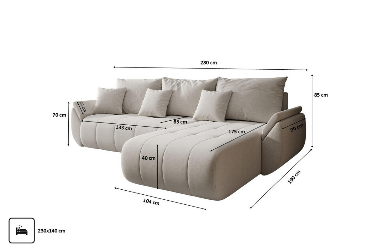 ECKSOFA Mit Schlaffunktion Und Bettkasten TOKYO, Stoff WIND, Beige, Rechts - Beige, Holz (280/190cm) - Kaiser Möbel