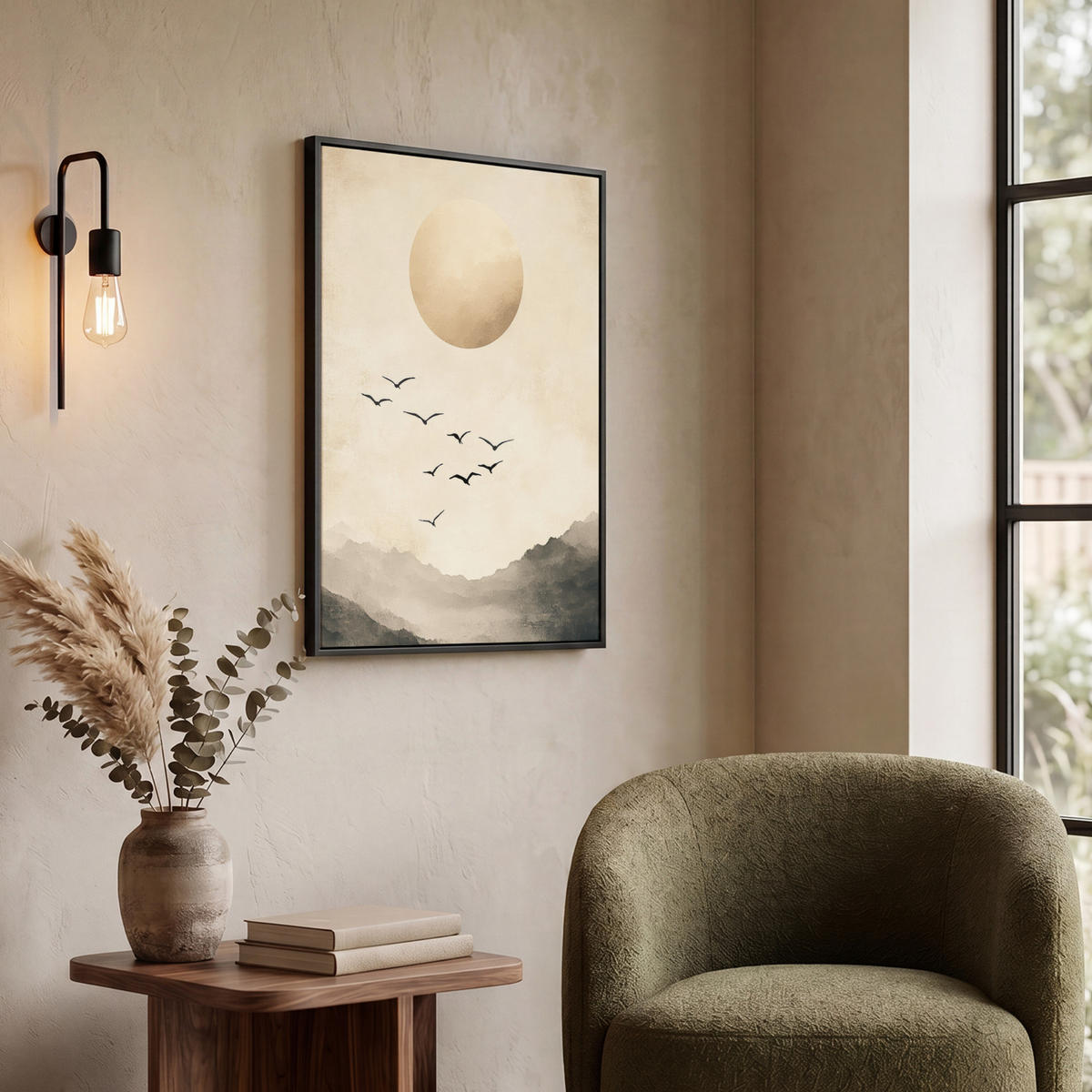 LEINWAND Bilder mit Rahmen - Landschaft - Japandi - Vogel - 60x80 - Beige, Textil (60/80cm) - MuchoWow