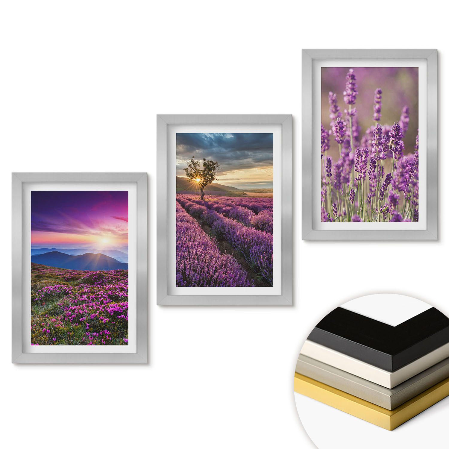 WANDBILDER 3er Set - 20x30 cm Silberner Rahmen - Sonnenuntergang auf Lavendelfeldern - Silberfarben, Kunststoff (20/30cm) - ArtPrintCave