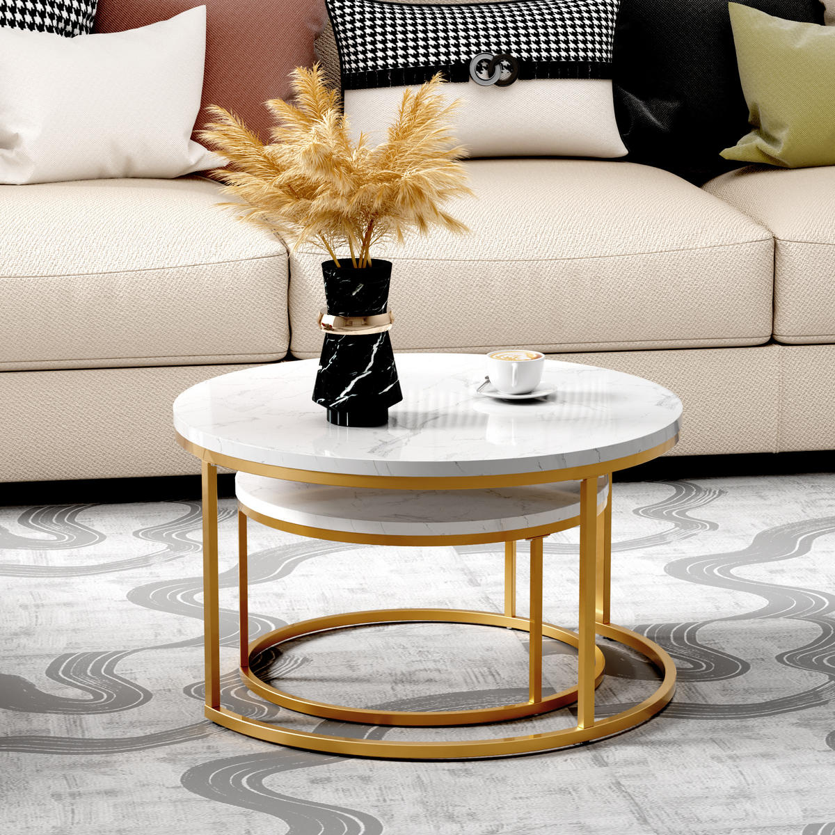 COUCHTISCH 2-teilig mit stabilem Eisenrahmen & leicht zu reinigende MDF-Tischplatte - Weiß, Holzwerkstoff (80/80/45cm) - OKWISH