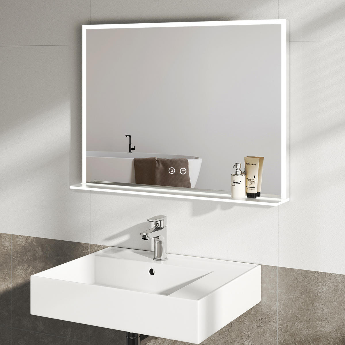 BADSPIEGEL mit Beleuchtung mit Ablage 80/60 cm - Weiß, Glas (60/3/80cm) - EMKE