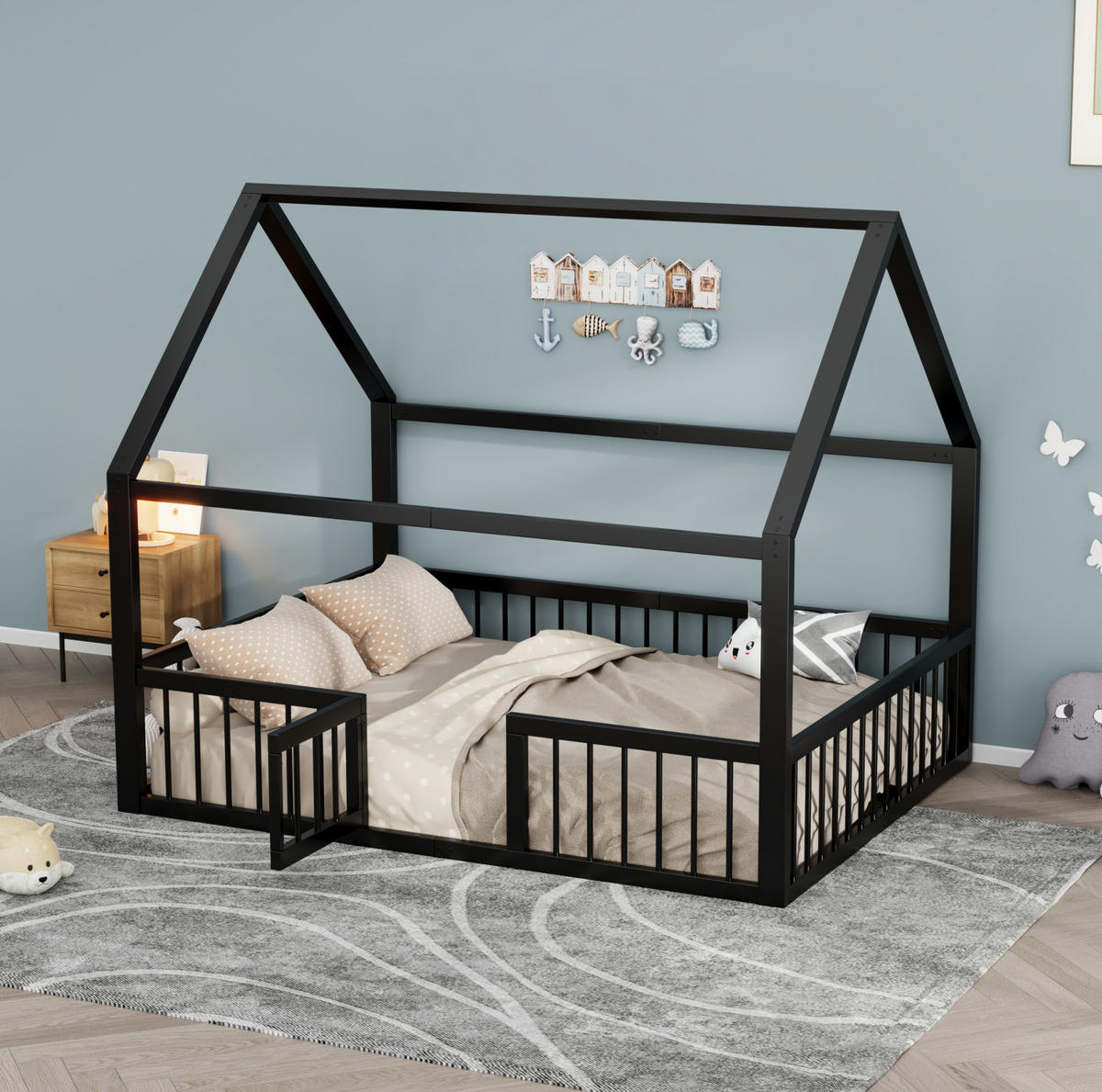 KINDERBETT 140/200 cm aus Metall mit Dachgestell, Sicherheitsgeländer und Tür, Schwarz - Schwarz, Metall (140/200cm) - Redom