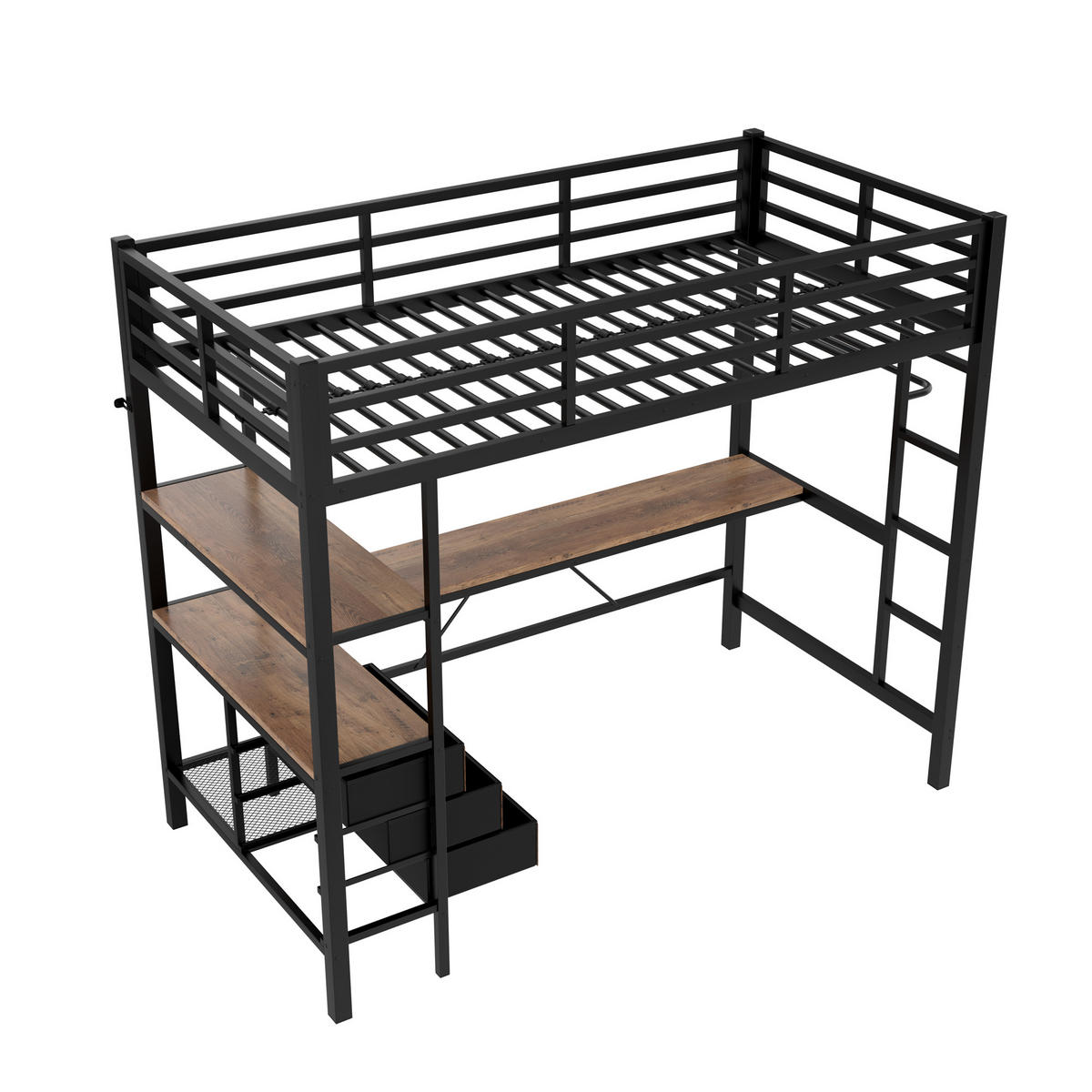 HOCHBETT 90/200 cm Schwarz mit LED-Beleuchtung Schreibtisch Steckdose und 3 Schubladen - Schwarz, Metall (90/200cm) - OKWISH