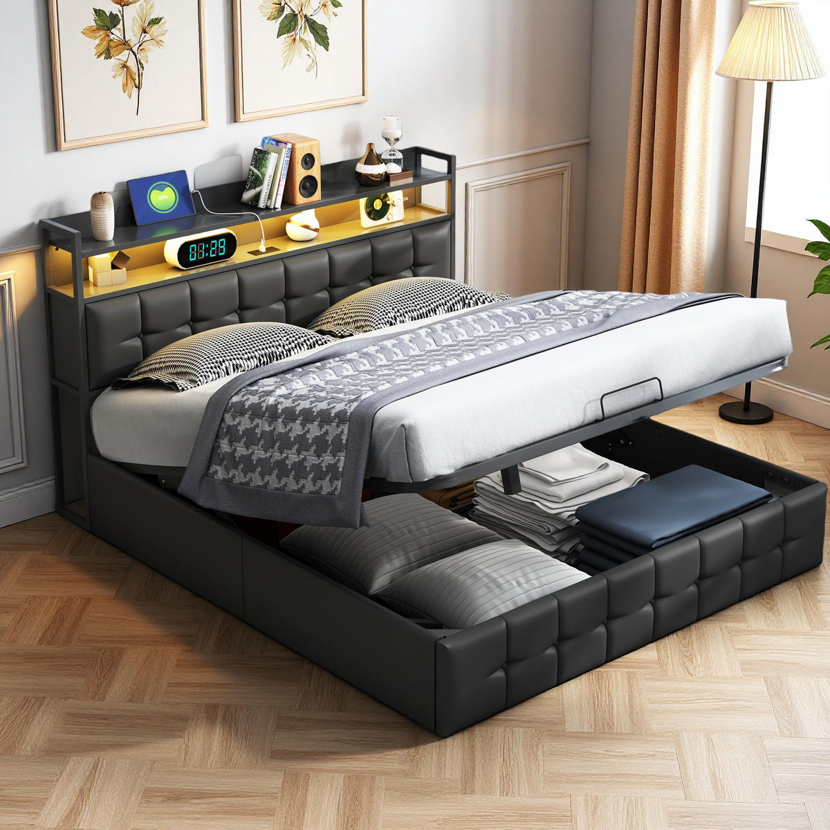 POLSTERBETT 160x200 cm LED Kopfteil Lattenrost PU Leder schwarz - Schwarz, Holz (160/200cm) - Fortuna Lai