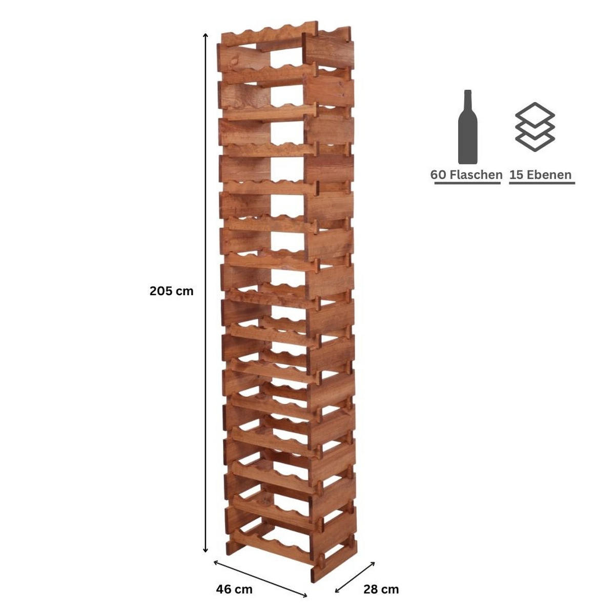 WEINREGAL VINOTECA FLEX PRO HxBxT 205x46x28cm 60 Flaschen auf 15 Ebenen Braun geölt - Braun, Holz (46/205/28cm) - PROREGAL