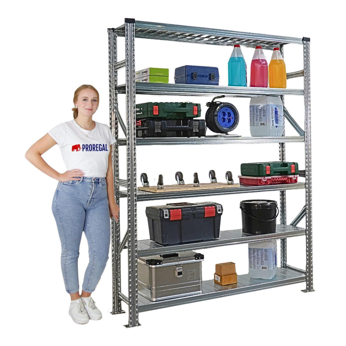 FACHBODENREGAL Proximo Stecksystem 210x750x32cm 6 Ebenen Beidseitig nutzbar Verzinkt - Silberfarben, Metall (750/210/32cm) - PROREGAL