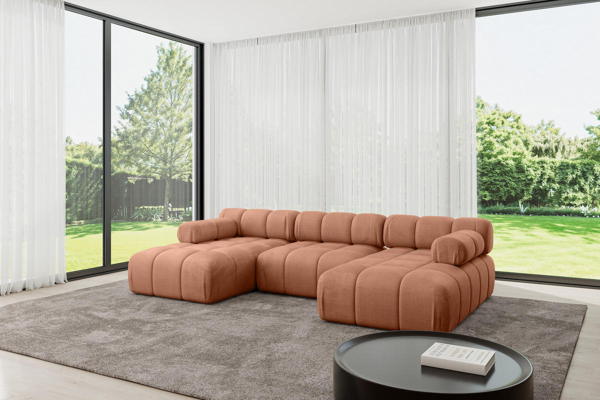 WOHNLANDSCHAFT modulares Sofa Tesso-U1 - 285x160x70 cm Apricot Velours - Koralle, Holzwerkstoff/Textil (285/70/160cm) - ALTDECOR