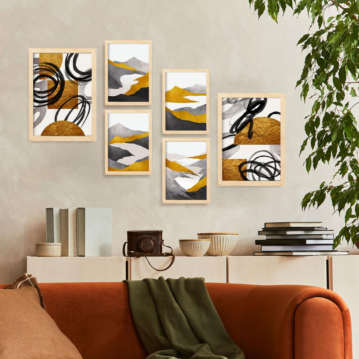 POSTER Set Mit 6 Gattung Nature 2 In Kulissen Abstracts Ästhetische Dekorative Gemälde Für Ihr Wohnzimmer Zuhause A3 & A4 Rahmen Aus Hellem Holz - Beige, Papier (29/3cm) - Nacnic