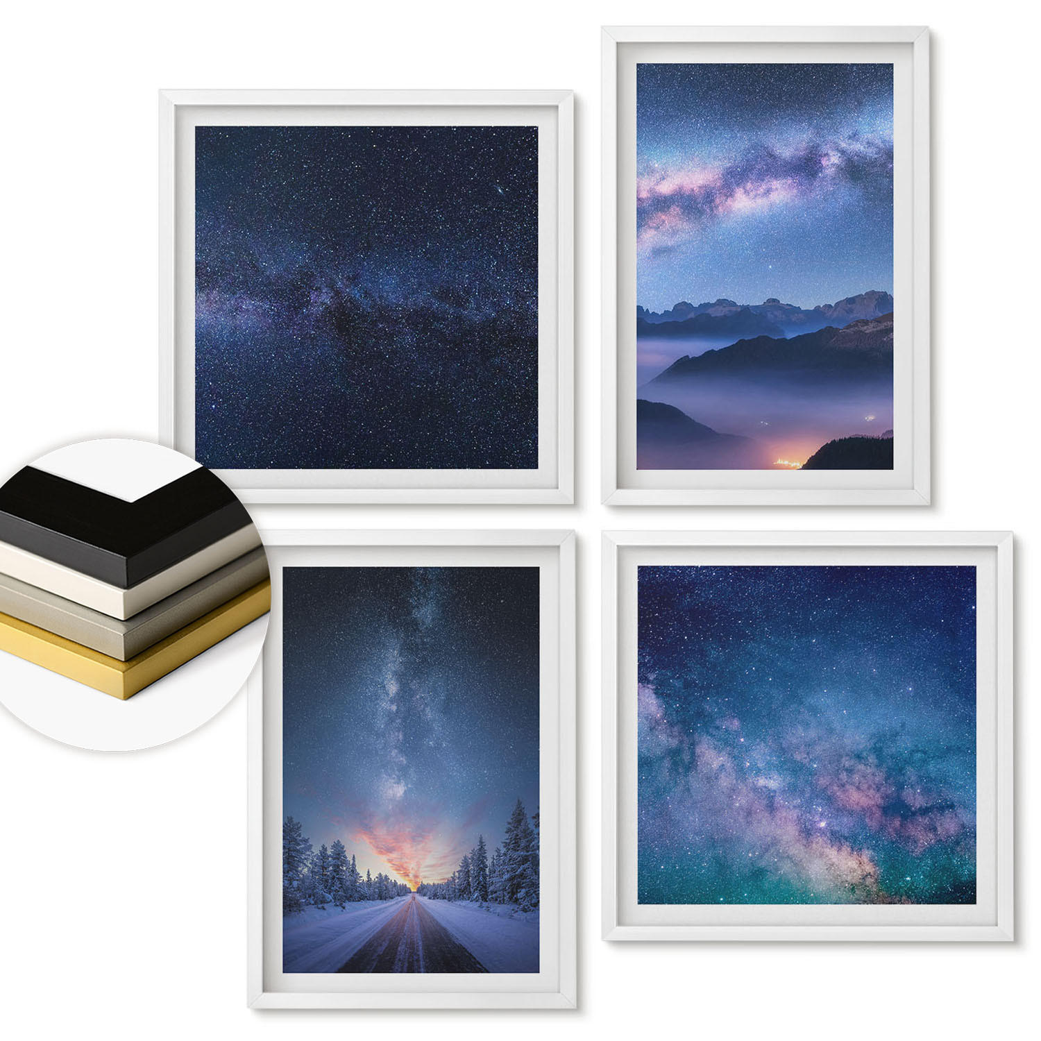 WANDBILDER 4er-Set - 50x50 cm & 40x60 cm Weißer Rahmen - Nachthimmel, Berge, Winter, Weltraum - Weiß, Kunststoff (50/50cm) - ArtPrintCave