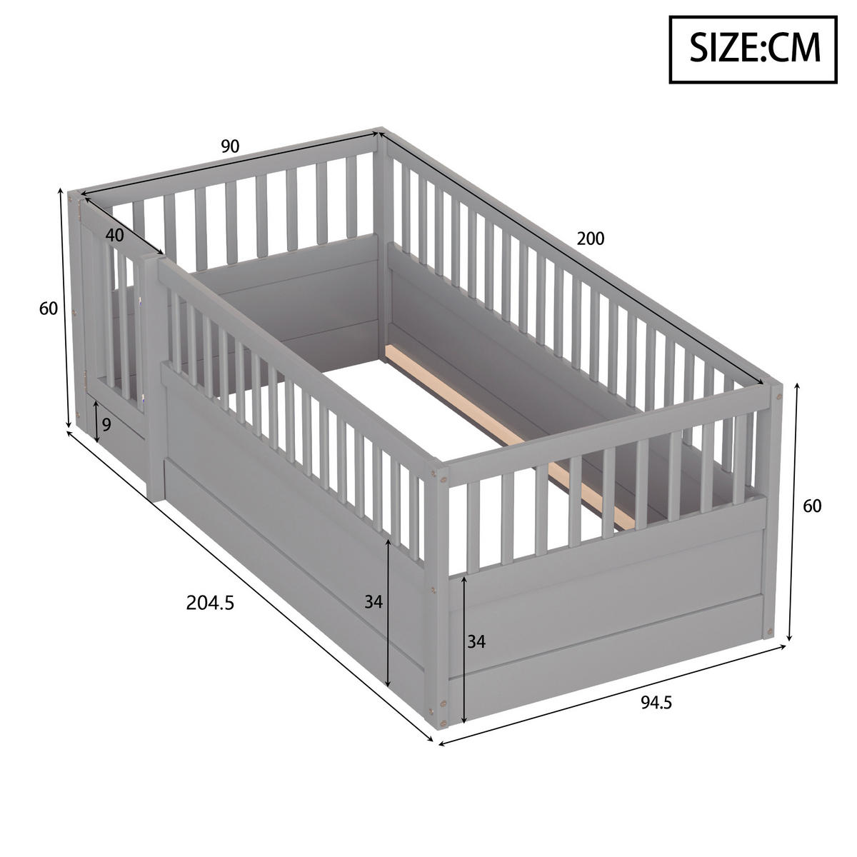 KINDEREINZELBETTEN aus Massivholz 90x200 cm in Grau mit Zaun & Tür - Grau, Holz (90/200cm) - Modfu