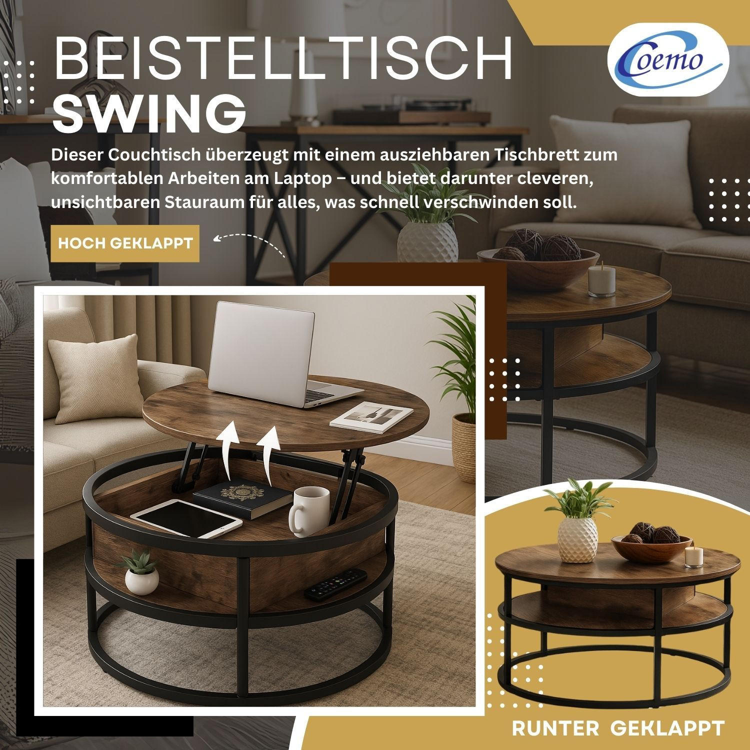 COUCHTISCH SWING Baun verstellbare Tischplatte Aufbewahrungsfach - Braun, Metall (80/80/47cm) - Coemo