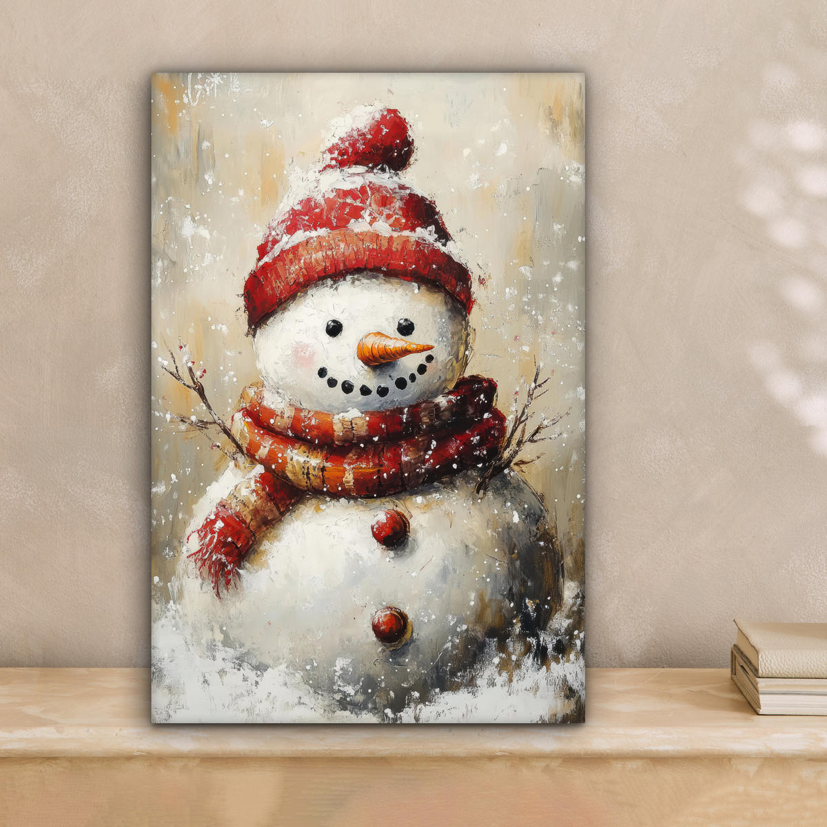 LEINWANDBILD Schneemann - Winter - Schnee - Beige Deko Wohnzimmer 20x30 cm - Weiß, Textil (20/30cm) - MuchoWow