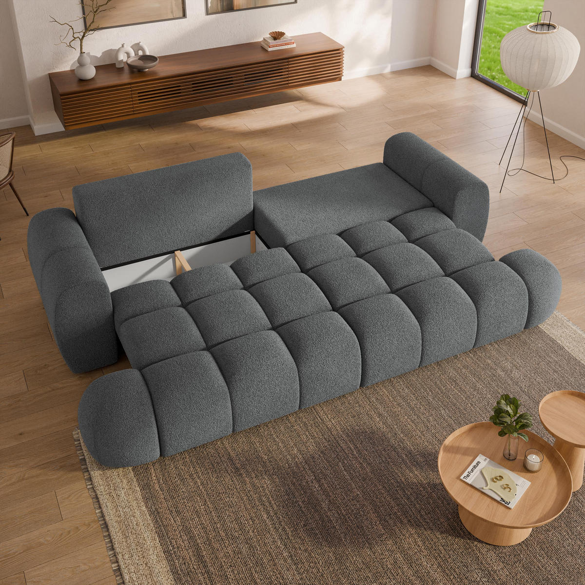 BETTSOFA DAFNE Grau Bucle-Stoff mit Schlaffunktion - Grau, Textil (300/88/113cm) - MASSENO