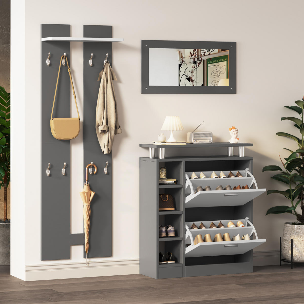 SCHUHSCHRANK aus Spanplatte 80x25x96,5cm in Grau mit verstellbaren Einlegeböden - Grau, Holzwerkstoff (80/96.5/25cm) - Modfu