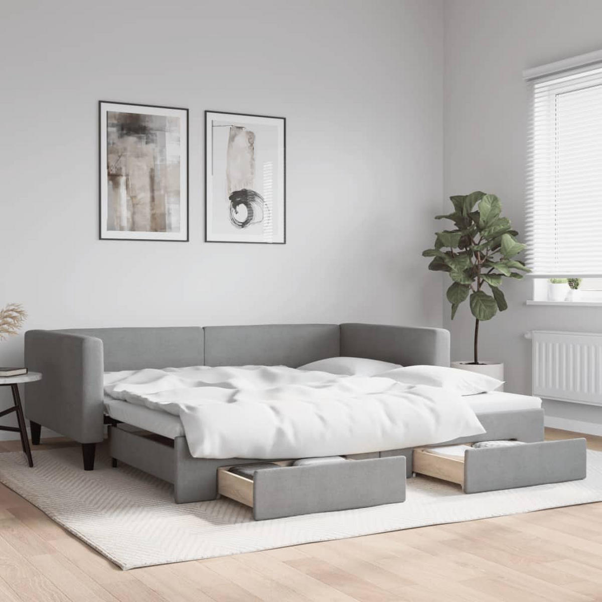 TAGESBETT Ausziehbar Mit Schubladen Hellgrau 100/200 Cm Stoff - Grau, Textil (100/200cm) - vidaXL