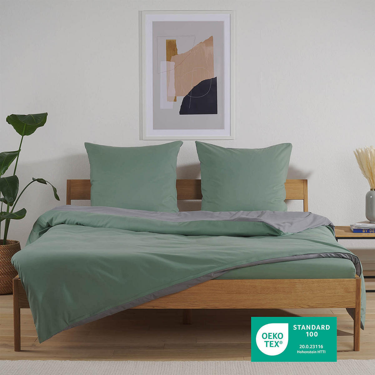 WENDEBETTWÄSCHE Ebba 200/200 cm 2 mal 80/80 cm, Grün und Grau - Grau/Grün, Textil (200/200cm) - Blumtal