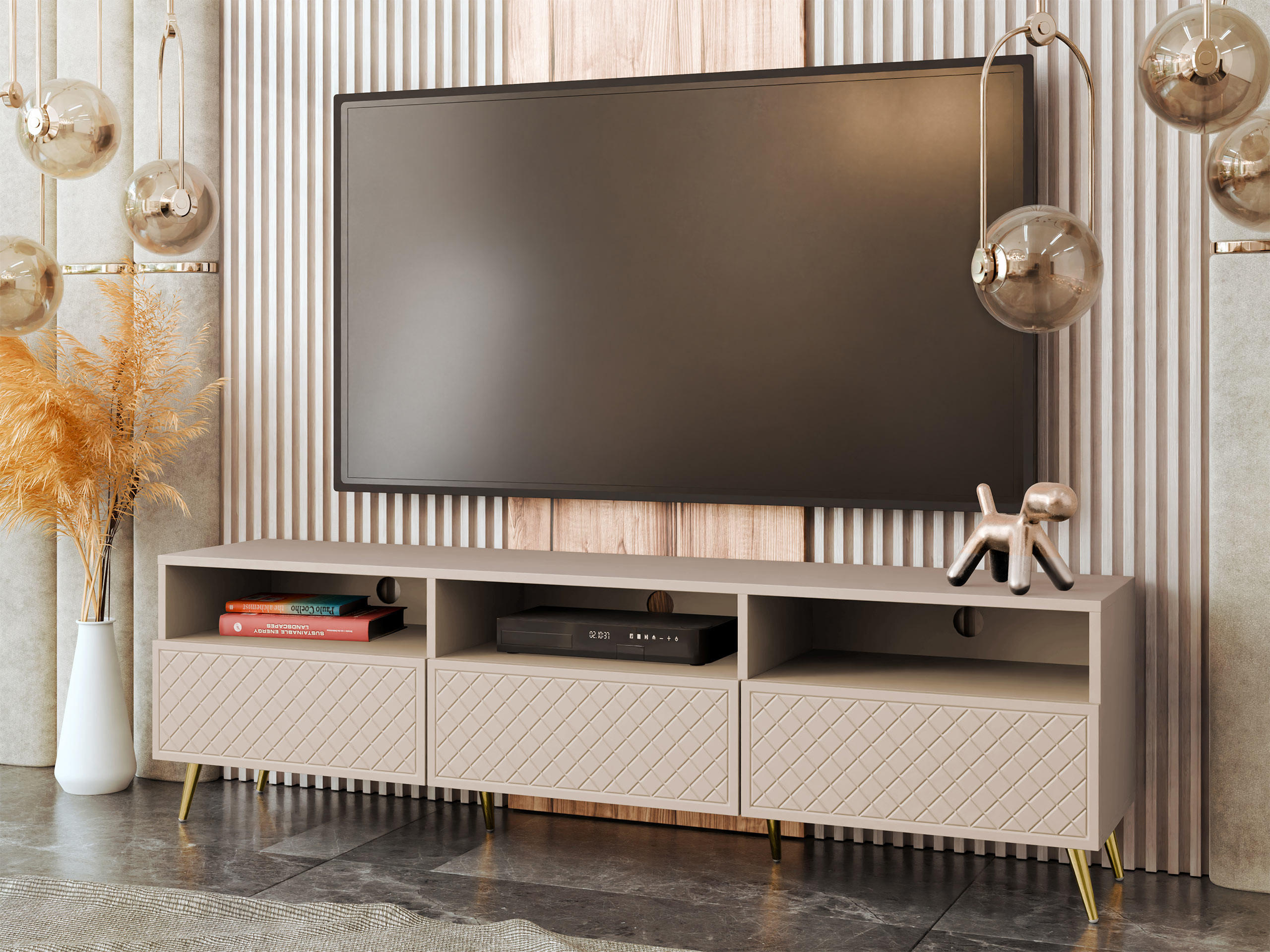 TV-ELEMENT Temerra 3K - Beige/Goldfarben, Holzwerkstoff/Metall (195/57/42cm) - MIRJAN24