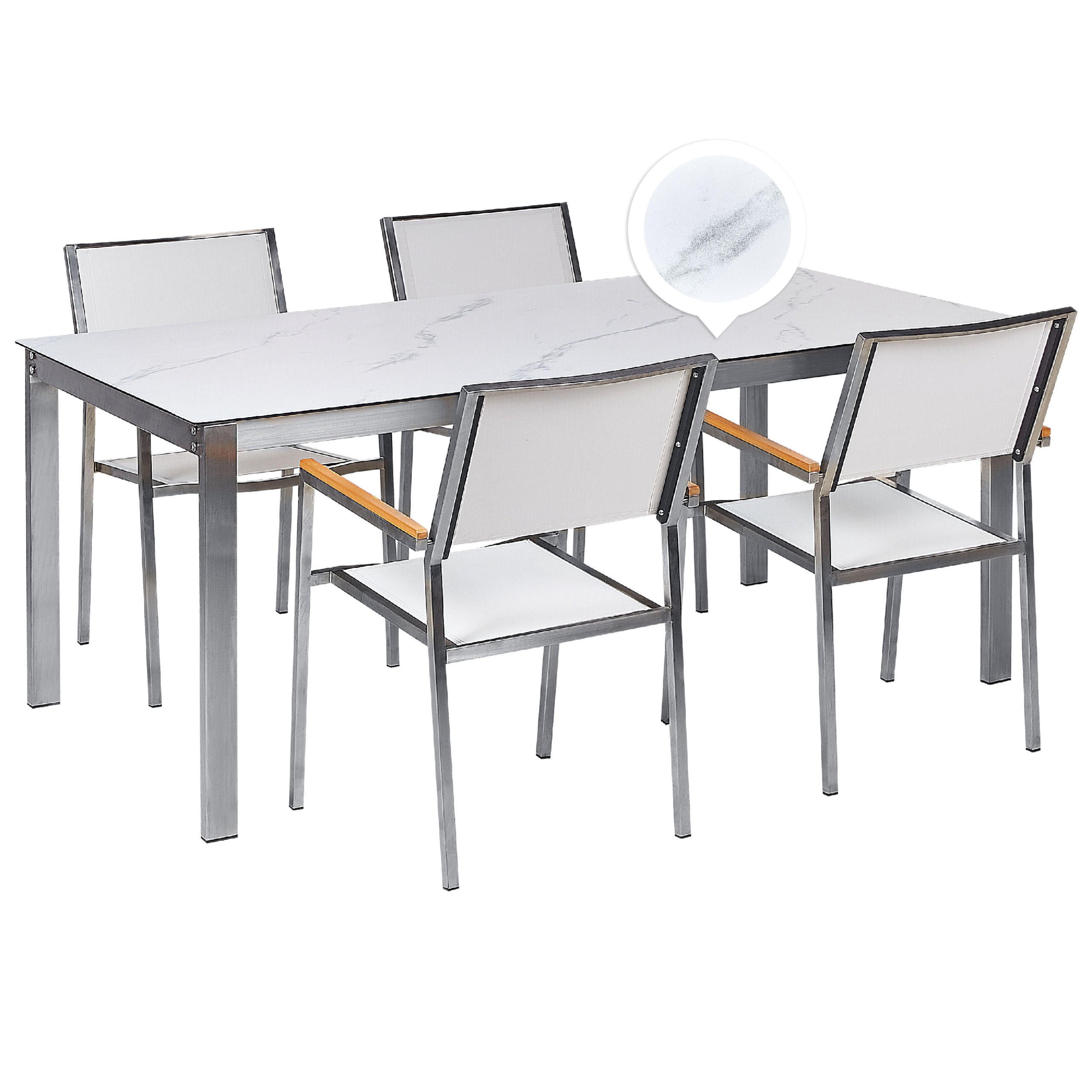 GARTENMÖBEL SET 4-Sitzer Keramik-Glas Marmor Optik cm Textil weiß Cosoleto/Grosseto - Silberfarben/Weiß, Glas - Beliani