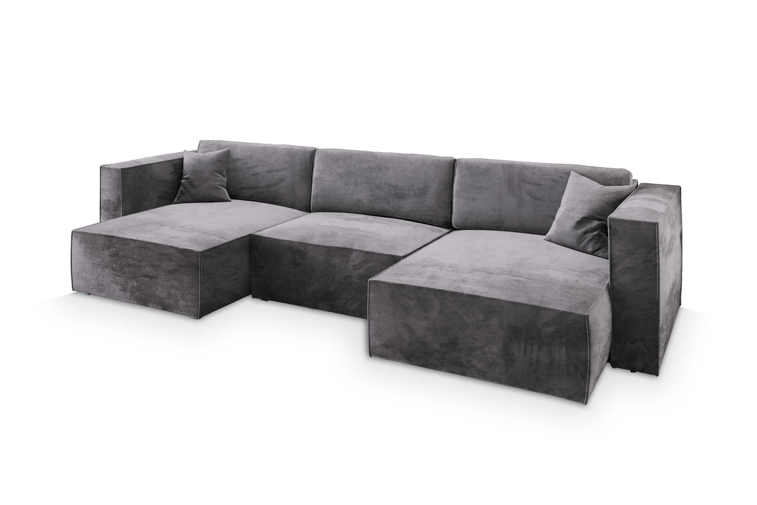 WOHNLANDSCHAFT SARMO M Grau Velours-Stoff mit Schlaffunktion - Grau, Holz (347/70/148cm) - MASSENO
