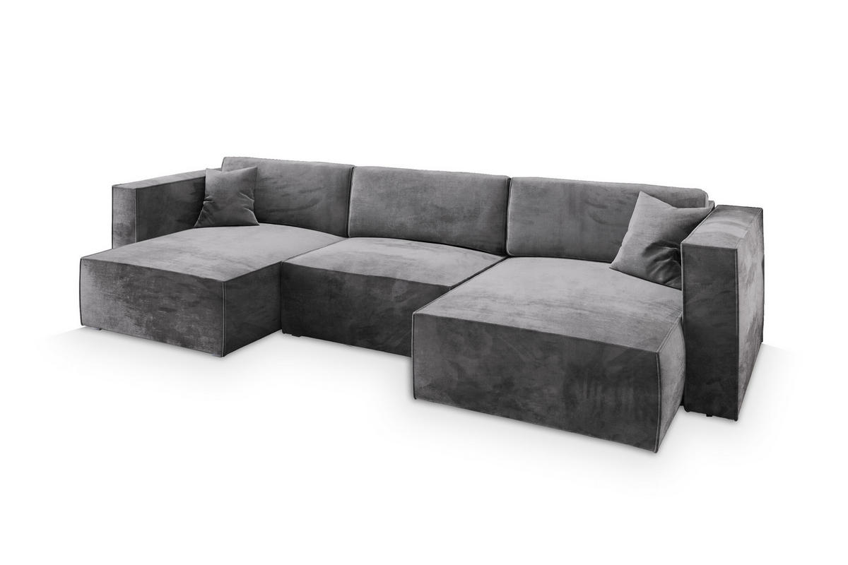 WOHNLANDSCHAFT SARMO M Grau Velours-Stoff mit Schlaffunktion - Grau, Holz (347/70/148cm) - MASSENO