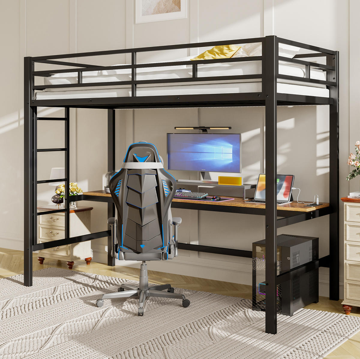 HOCHBETT 90/200 cm aus Metall und MDF mit Schreibtisch, LED-Lichtleiste und USB Schwarz - Schwarz, Metall (90/200cm) - Modenvie