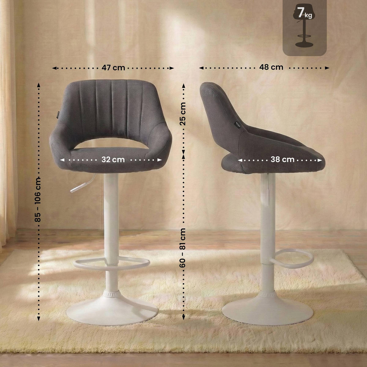 BARHOCKER Milet 85x47x48 cm dunkelgrau - Dunkelgrau, Textil (47/85/48cm) - furnicato
