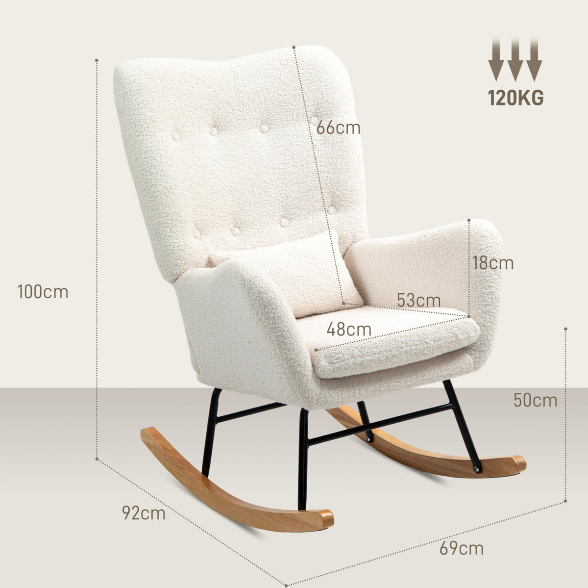 SCHAUKELSTUHL 69/92/100 cm mit Polsterung und hoher Rückenlehne, bis 120 kg - Creme, Textil (69/100/92cm) - BEAOK