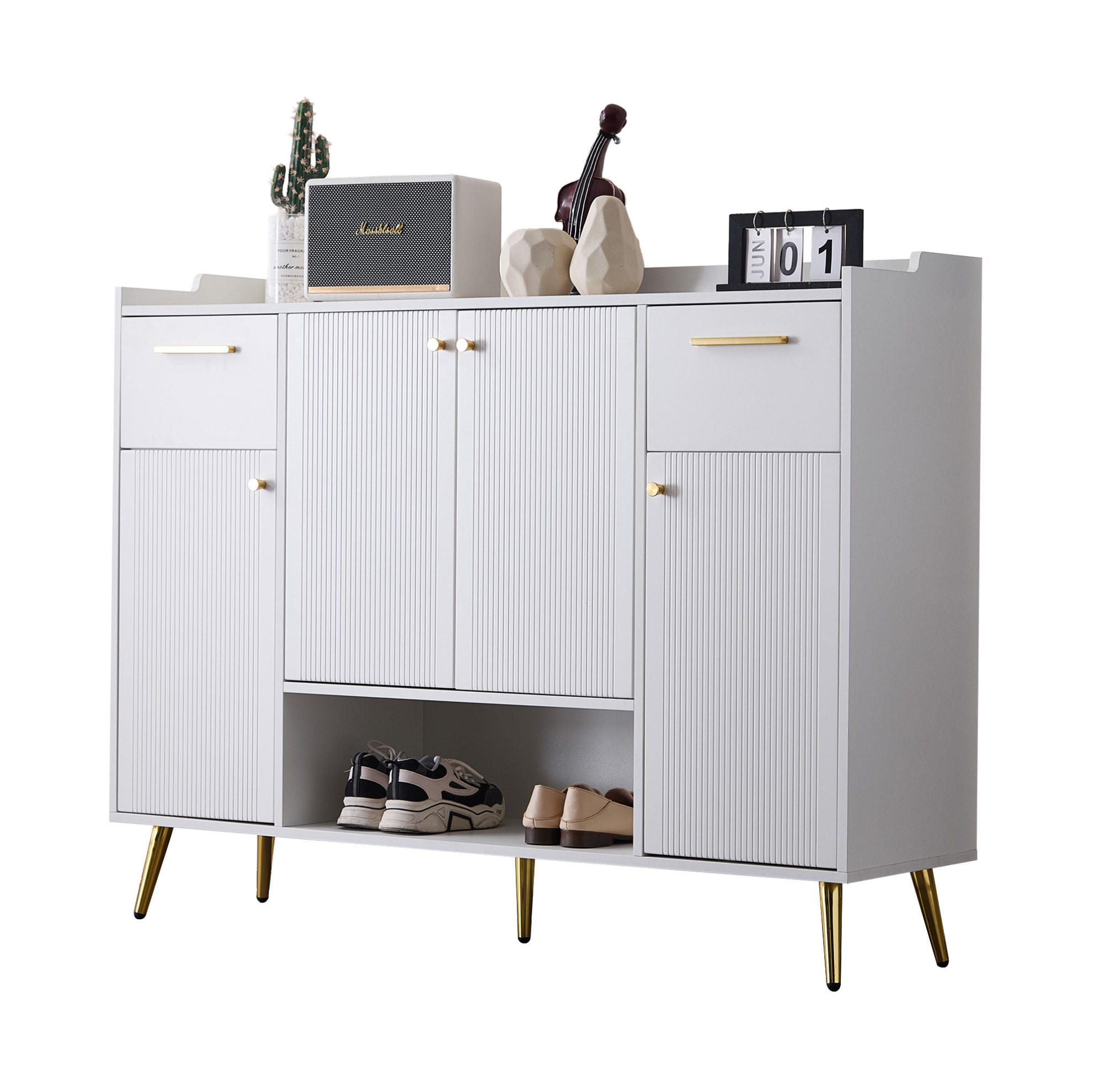 Modfu BOTNÍK z dřevotřísky 130x37x100 cm bílý se 2 zásuvkami, 4 dvířky a otevřenou přihrádkou na kovových nohách