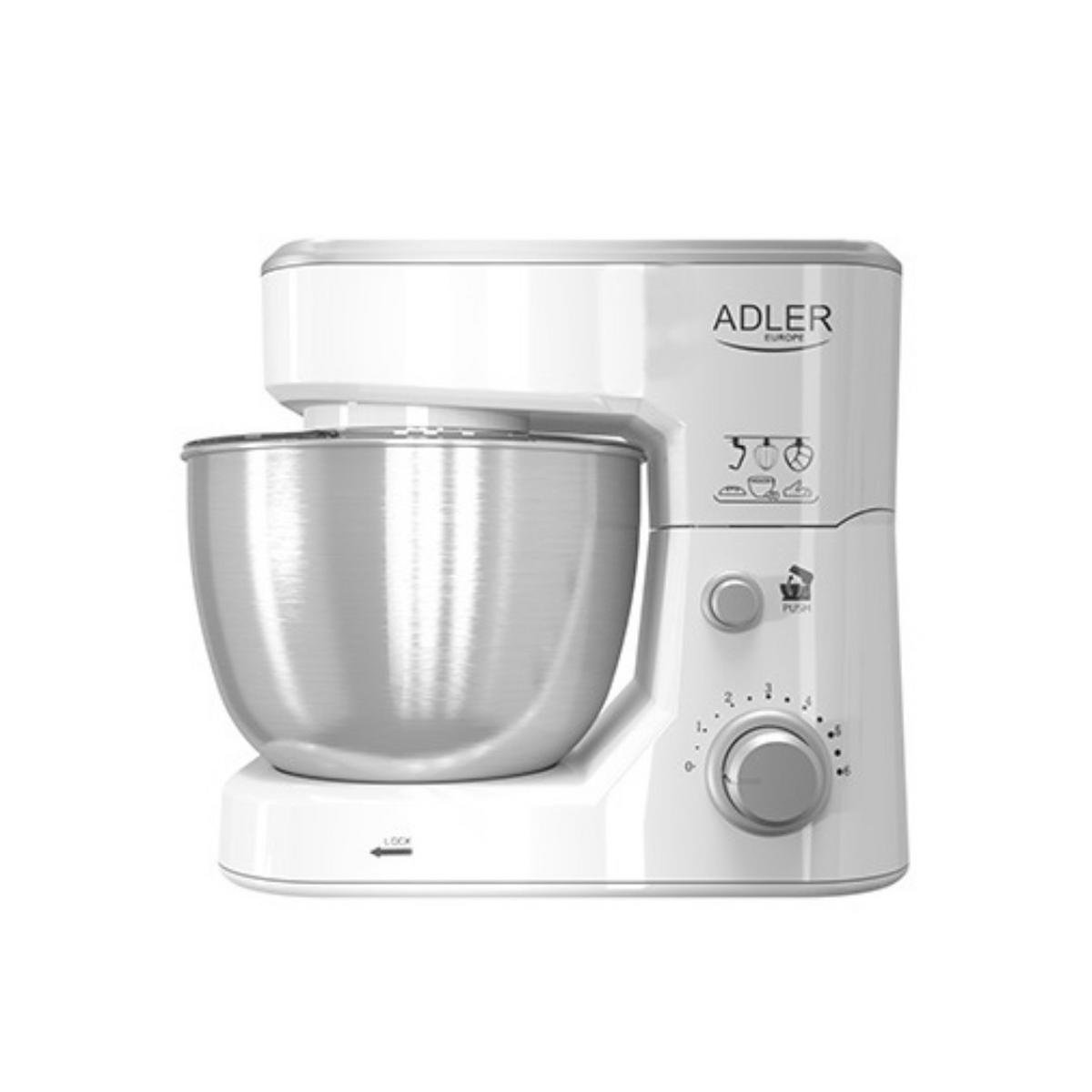 KÜCHENMASCHINE 1000W –AD42- Knet- & Rührmaschine, 4L Edelstahlschüssel, 6 Stufen, Teigzubereiter, Schlagbesen &Knetarm, Knetmaschine Teigmaschine - Silberfarben/Weiß, Kunststoff/Metall (25/35/33cm) - Adler