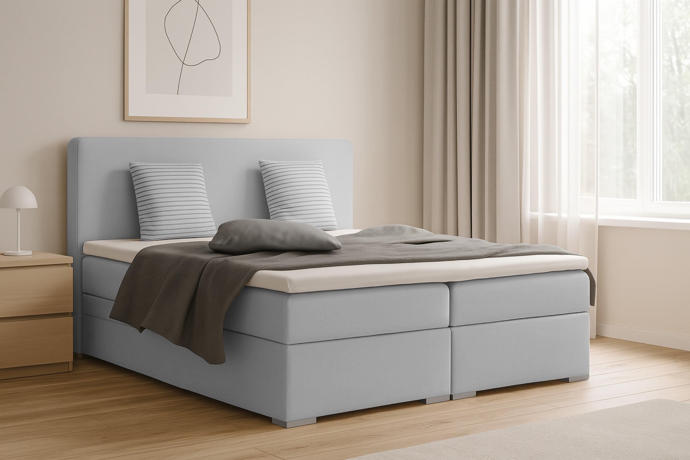 BOXBETT BELLO 200x200 in Velour Hellgrau H3 - Hellgrau, Holz/Holzwerkstoff (200/200cm) - Deine Möbel 24