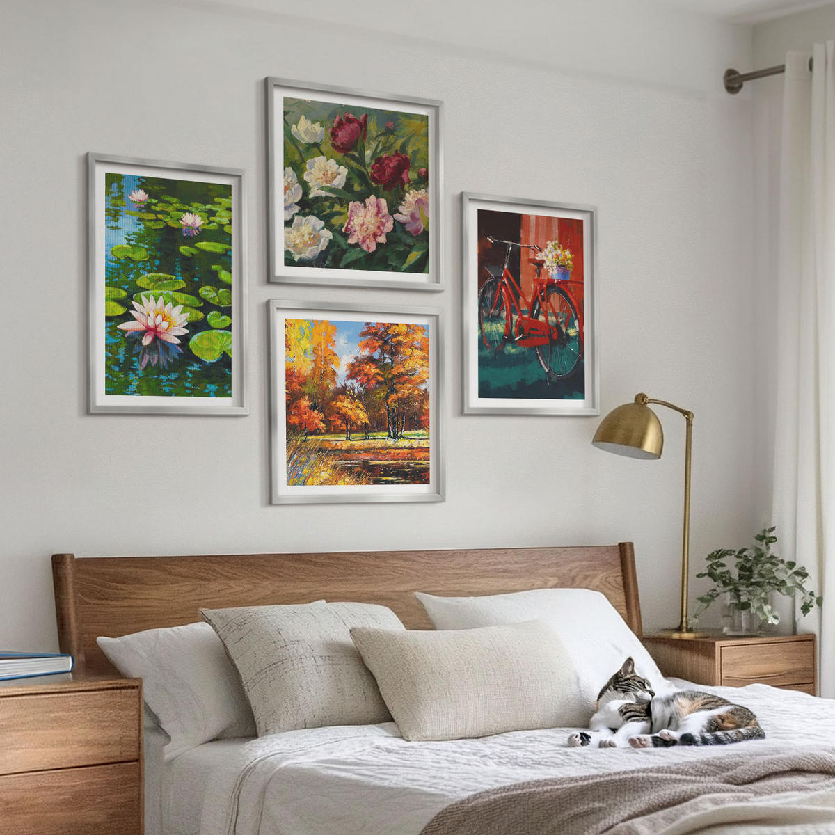 WANDBILDER 4er Set - 50x50 cm & 40x60 cm Silberner Rahmen - Herbstfarben Seerosenteich - Silberfarben, Kunststoff (50/50cm) - ArtPrintCave