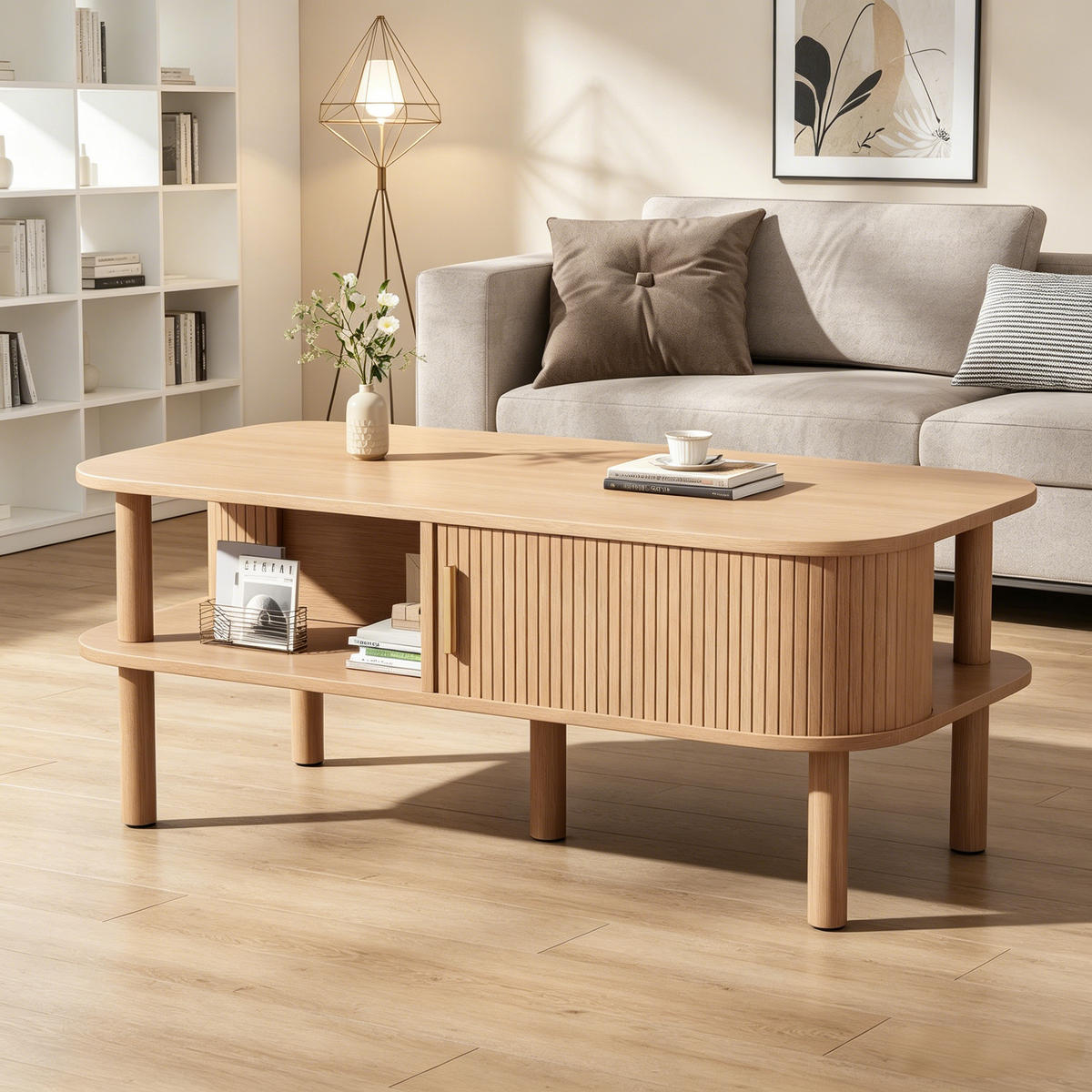 COUCHTISCH DE-37131 mit Rolltor und offenen Fächern Nussbaum - Walnussfarben, Holzwerkstoff (110/55/45cm) - ComfortXL