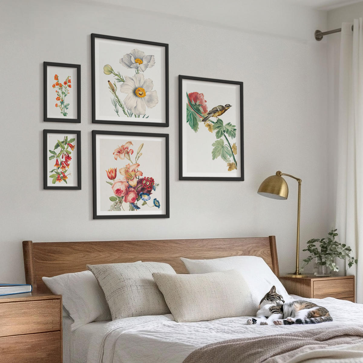 BILDER SET 5er Set - 50x50 cm & 20x30 cm & 40x60 cm Schwarzer Rahmen - Gemalte Blumen, Retro-Vogel - Schwarz, Kunststoff (40/60cm) - TULUP