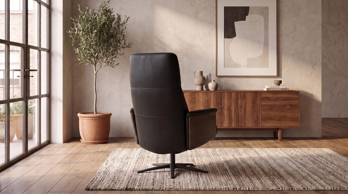 RELAXSESSEL VANITAS Schwarz Leder Relaxfunktion - Schwarz, Leder/Metall (75/108/86cm) - KAWOLA
