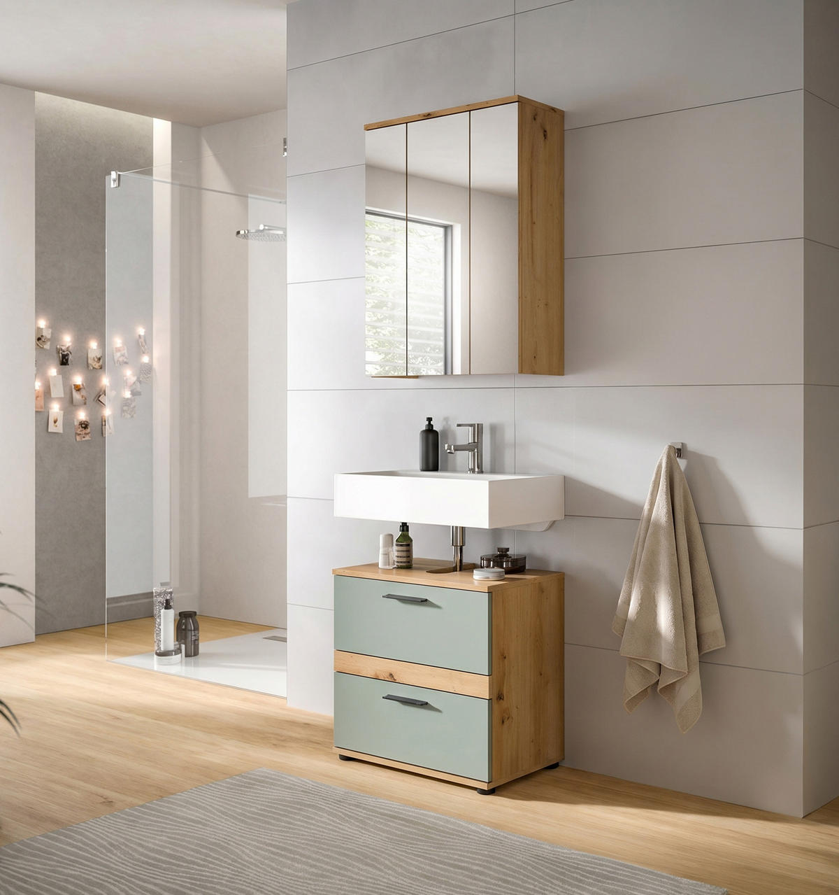 BADEZIMMER 2tlg. Flint (B/H/T: 60x191x34 cm) in Salbei und Artisan Eiche Nachbildung - Eiche Artisan, Holzwerkstoff (60/191/34cm) - Homes & Jones