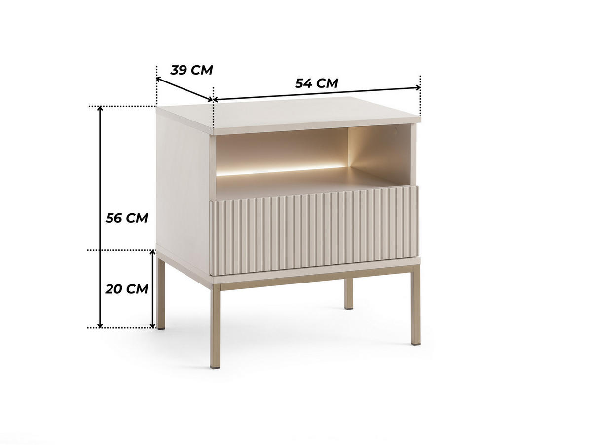 MODERNER Geriffelter Nachttisch LAGOS SN1SZ (Kaschmir Matt, LED, Champagner Gestell, Push to Open) - Kaschmir/Champagner, Holz/Holzwerkstoff (54/56/39cm) - Ravio