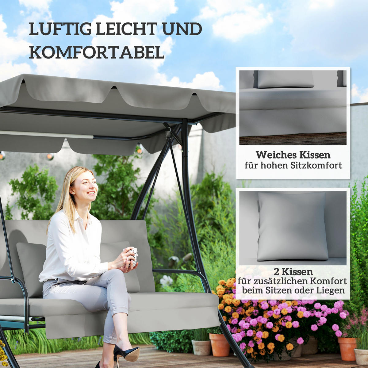 HOLLYWOODSCHAUKEL DE-07018 3-Sitzer, Mit Liegefunktion, neigbares Dach Grau - Grau, Metall (210/170/125cm) - ComfortXL