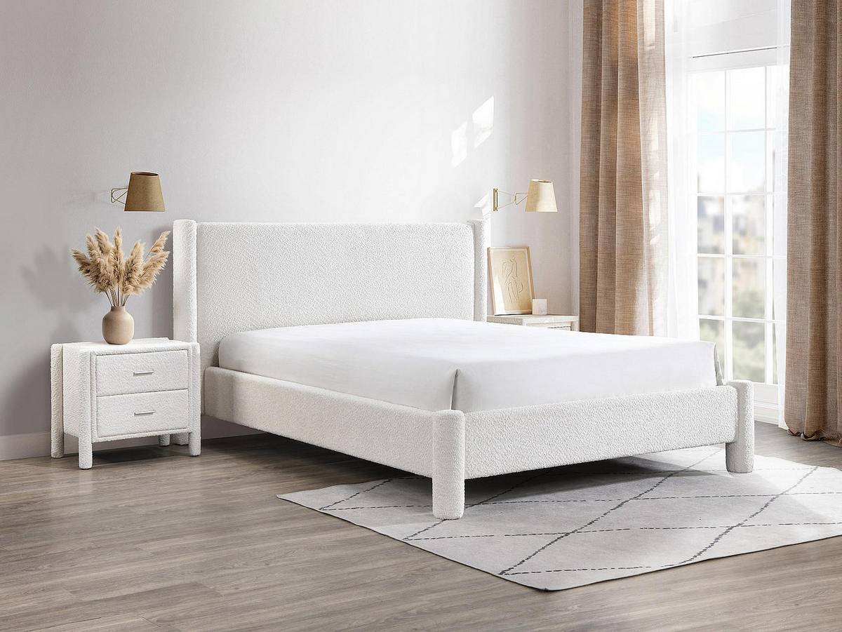 NACHTTISCH mit 2 Schubladen - Bouclé-Stoff - Weiß - CONOMO - Weiß, Textil (61/56/42cm) - Vente-Unique